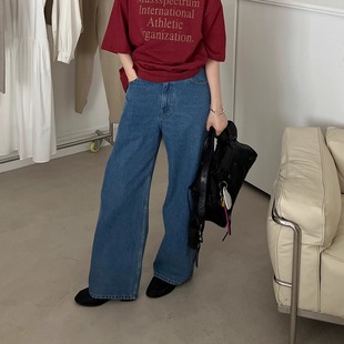 widelia十三行夏季新款深蓝色牛仔裤高腰显瘦阔腿直筒裤Z1925