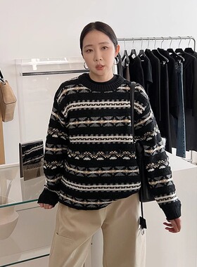 widelia十三行秋冬复古费尔岛提花毛衣女慵懒风圆领针织衫08199