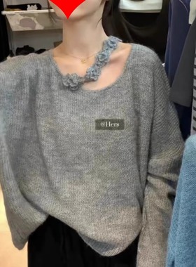 hers秋季宽松慵懒小众设计玫瑰花朵灰色针织衫罩衫毛衣上衣10213