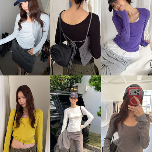 WAIT MORE秋季韩系多色U领针织衫女百搭显瘦长袖打底上衣6091