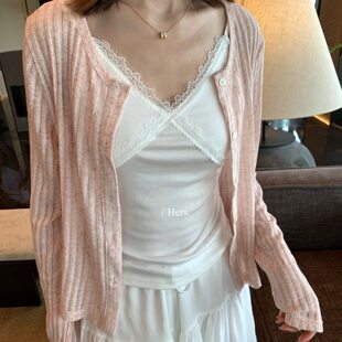 hers 一勺甜 夏季纯欲淡人感吊带蕾丝背心+开衫两件套上衣80681