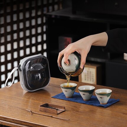 冰片釉纯手绘夏荷玻璃一壶三杯便携旅行茶具釉下彩快客杯功夫套装