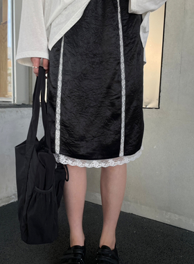 LAS CELULA-26年早春新款女装法式拼接蕾丝边直筒裙半身裙