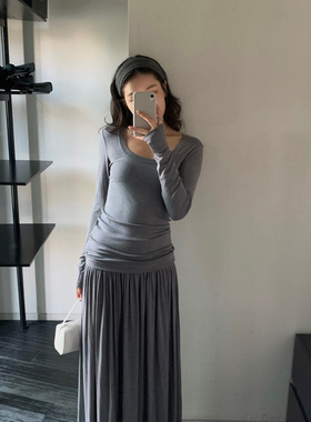 BLUEPOPS-26年春季新款女装垂感天丝褶皱松紧腰A字半身裙女