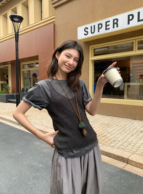 NEIHE秋季新品女通勤百搭钩花毛织搭真两件上衣短袖T恤+小衫套装