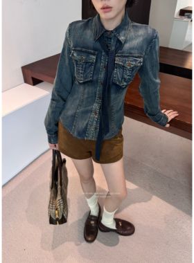 TOP CHAN LIN 秋冬新款polo领修身显瘦辣妹带领带小众衬衫(配围脖