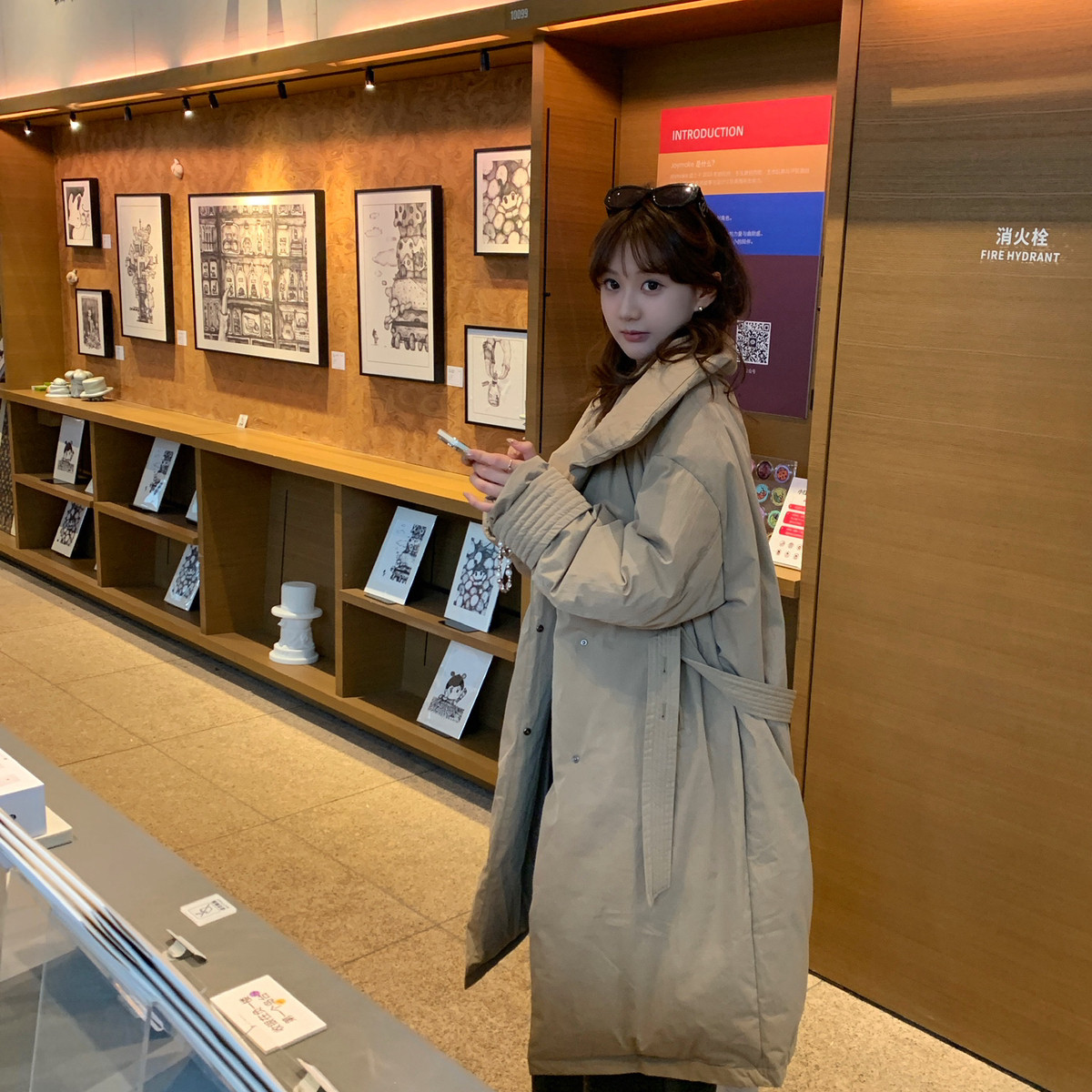 EGO-冬季新款法式复古翻领长款设计感保暖羽绒服外套(配腰带)