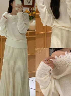 ens sunshine-冬季新款立体绣花蕾丝花边领修身保暖毛衣（含6羊毛