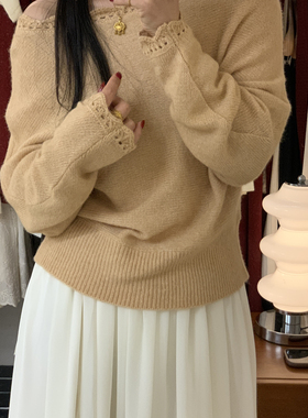 ens sunshine-26年早春新款女装蕾丝拼接斜肩纯色保暖毛衣