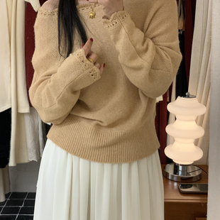 女装 26年早春新款 蕾丝拼接斜肩纯色保暖毛衣 sunshine ens