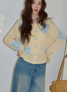 SAVAGE-春季新款慵懒百搭松弛感圆领单排扣撞色提花宽松针织开衫