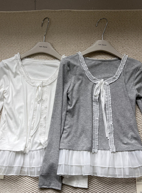 alo26年早春新款女装荷叶边拼接假两件韩系chic修身设计感甜美T恤