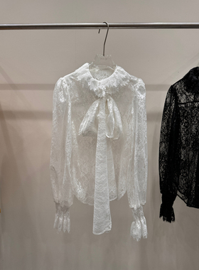 JIAQI秋冬新款女装通勤百搭复古双层领排扣长袖蕾丝衫配丝巾