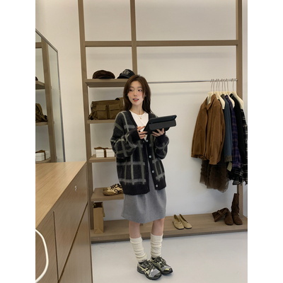 SEMICOLONS 秋冬新款毛衣女通勤百搭韩系款式格子针织开衫