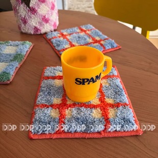 原创包豪斯中古韩式 蓝橙格纹簇绒隔热杯垫咖啡厨房碗垫餐桌碗垫