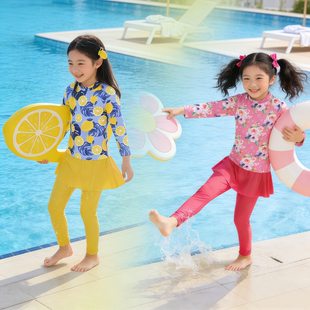 儿童泳衣女童分体学生中大童女孩长袖 海边度假 防晒可爱卡通游泳装