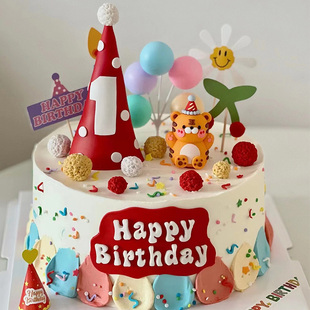 2025新品红色小帽子1周岁生日蛋糕装饰摆件儿童派对甜品台小狮子