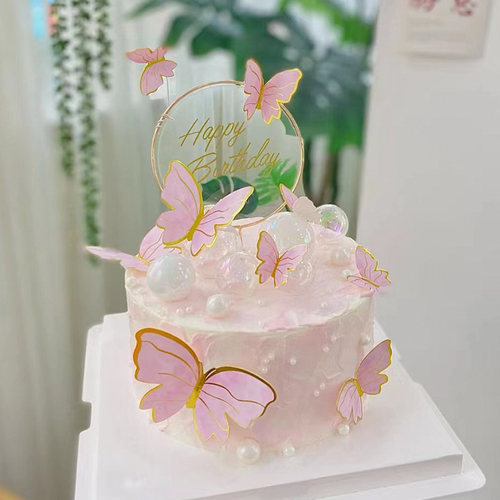 生日派对蛋糕装饰粉色蝴蝶