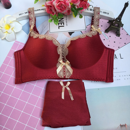 无钢圈拉丝性感聚拢文胸套装加厚聚拢胸小胸罩调整型收副乳内衣女