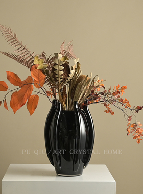 法式中古花瓶高级感干花器黑色花瓶玻璃客厅壁柜摆件装饰鲜花花瓶