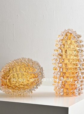 轻奢高档黄金色琉璃冰川柱榴莲造型摆件客厅书桌茶几台面摆设烛台