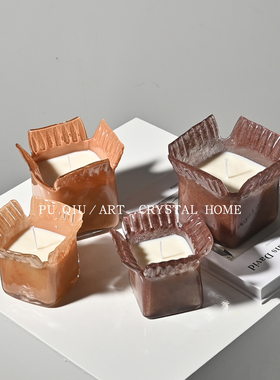 复古焦糖色纸袋形不规则玻璃烛台中古风香薰蜡烛杯床头柜高级摆件