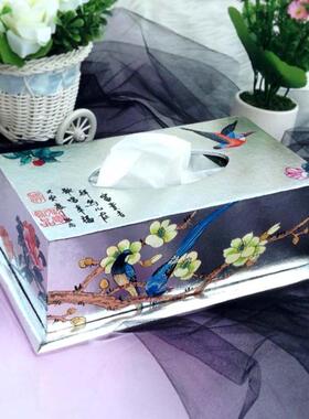 纯手绘银色富贵花鸟高档奢华纸巾盒婚庆酒店家居摆设呈用纸抽盒