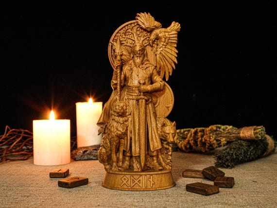 进口北欧神话奥丁神像 沃坦/众神之父雕像手工艺术 橡木雕刻