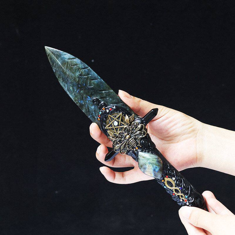 大型天然水晶拉长石匕首原石手工打磨爪子刀模型水晶工艺品