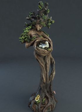 跨境新款自然森林女神小鸟雕像树脂摆件桌面装饰创意树人与鸟摆件