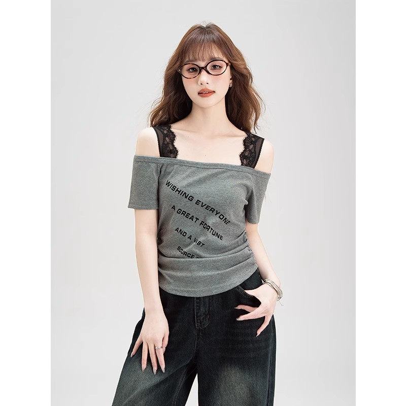 美式设计感字母褶皱短袖T恤