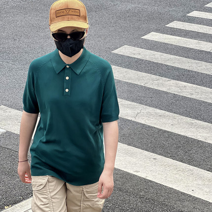 爸爸短袖纯棉翻领polo衫插肩针织衫阿美咔叽美式复古纯色休闲衬衫