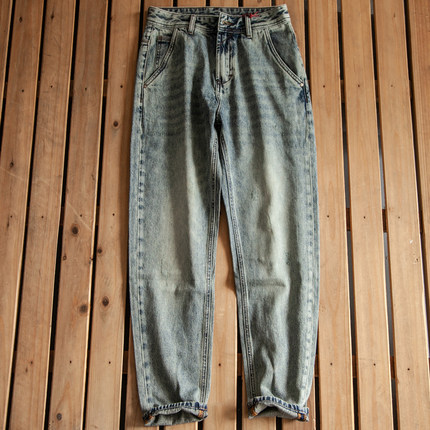 夏季男士户外休闲牛仔裤日系复古做旧烟灰色宽松潮流收脚哈伦裤潮