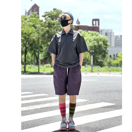 户外短裤男日系复古泡泡纱格纹休闲裤City Boy宽松直筒沙滩五分裤