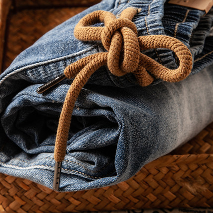 阿美咔叽美式复古牛仔裤男秋季宽松做旧水洗抽绳束脚裤休闲裤子潮