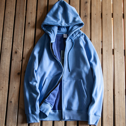 美式复古重磅男装秋冬加绒加厚纯色保暖拉链开衫连帽卫衣休闲外套