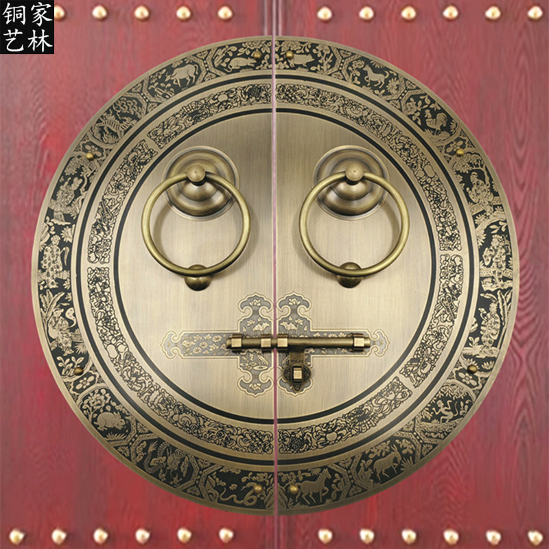 中式仿古大门复古黄铜拉手铜把手兽头狮子头虎头门环圆形木门门锁