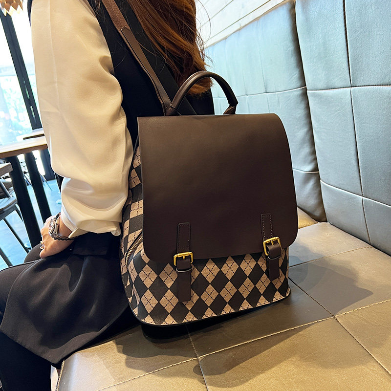 LEATHER BACKPACK WOMENS 2024 NEW WOMENS HIGH-QUALITY TEXTURE PLAID PRINT HANDBAG WOMENS FASHION CASUAL BACKPACK