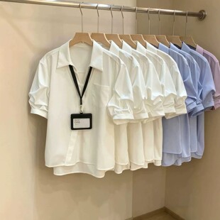 白色短袖衬衣夏新款V领职业装面试通勤商务上衣套装泡泡袖衬衣女
