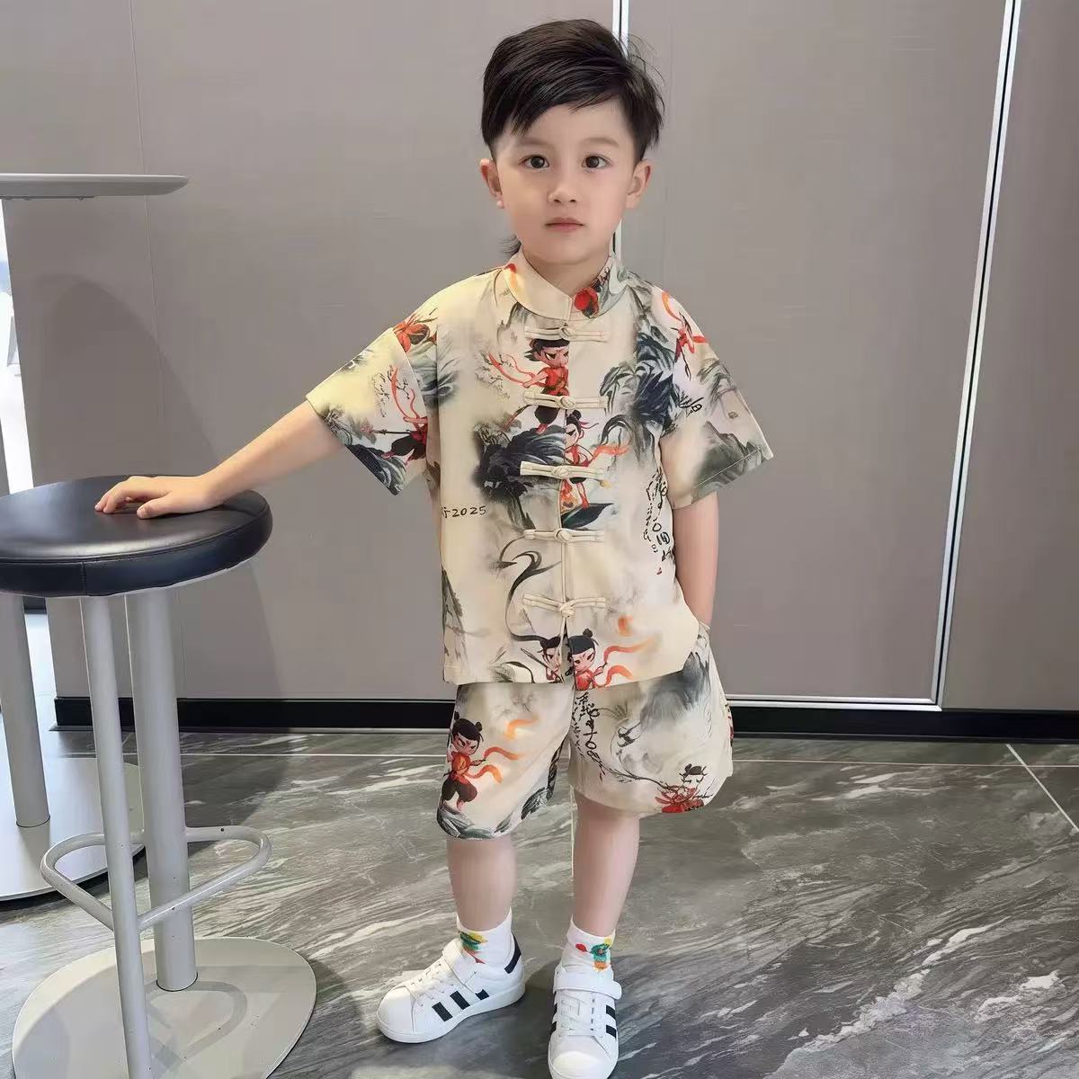 【下单立减20元】哪吒衣服2025新款男童汉服中式衬衫短裤两件套