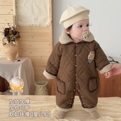 婴儿衣服冬装保暖男宝宝夹棉连体衣秋冬季婴幼儿满月冬天外出棉服