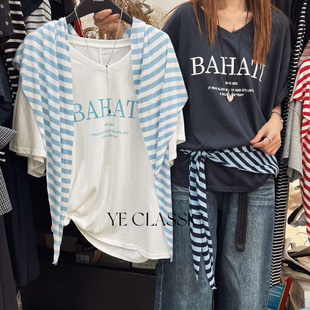 韩版 2025夏款 v领宽松显瘦百搭字母休闲T恤女设计感小众上衣极简风