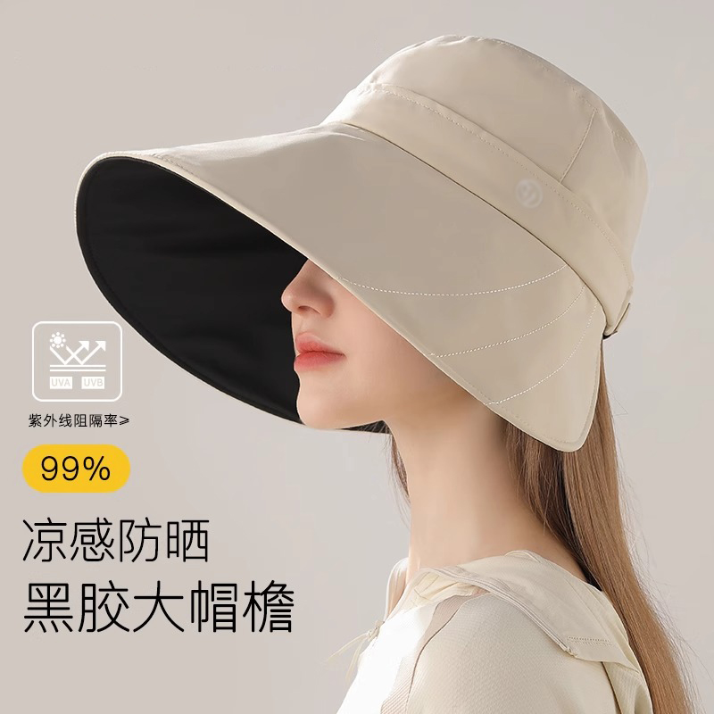 大帽檐黑胶防晒帽子女2025新款夏季防紫外线遮阳帽骑车防风太阳帽