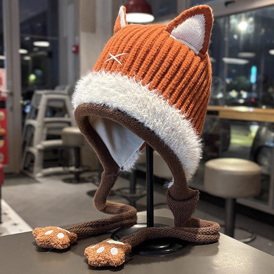 可爱狐狸针织保暖毛线帽子女秋冬