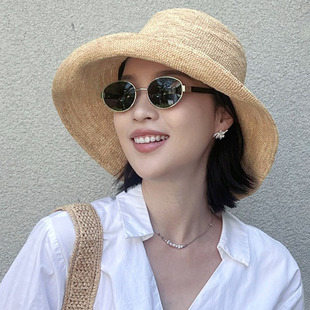 拉菲草手工编织草帽女百搭休闲渔夫帽遮阳防晒帽子夏海边度假盆帽