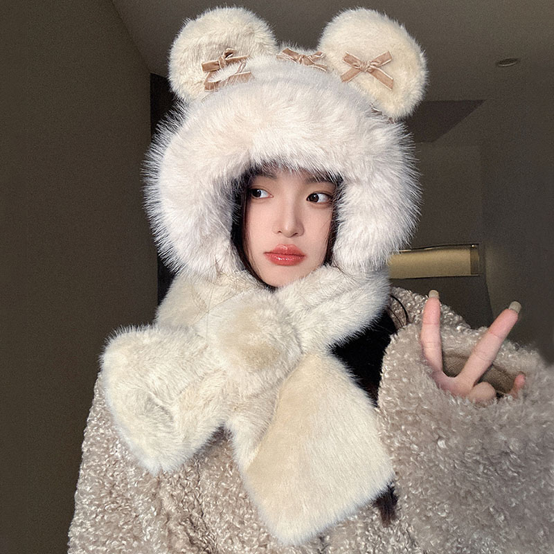 可爱蝴蝶结毛绒小熊毛绒帽子女冬
