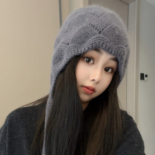 韩版纯色兔毛绑带针织帽子女2025新款冬季大头围百搭保暖毛线帽潮