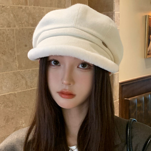 秋冬季英伦风保暖毛绒贝雷帽子女