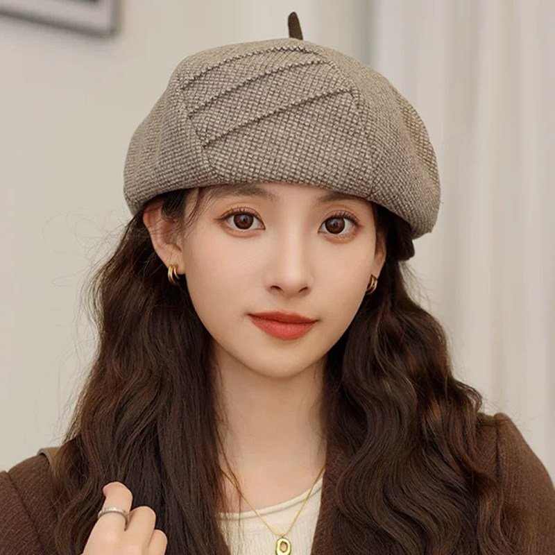 秋冬英伦格子复古显脸小八角帽女
