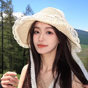 韩版ins绑带镂空草编帽子女夏季出游防晒沙滩太阳帽蕾丝边遮阳帽